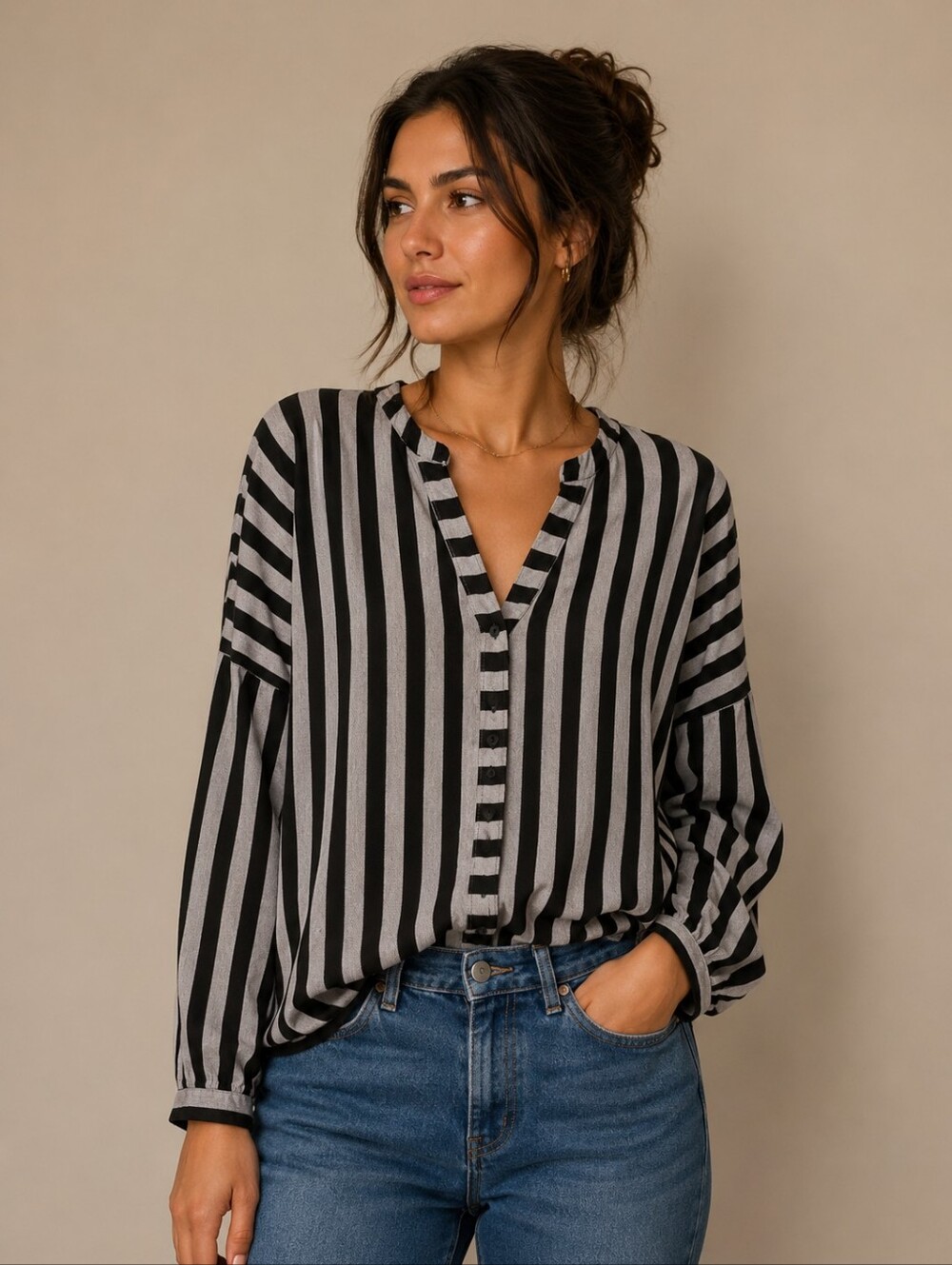 Mandy Evans | 100% Rayon Striped Button-Front Blouse, Size S